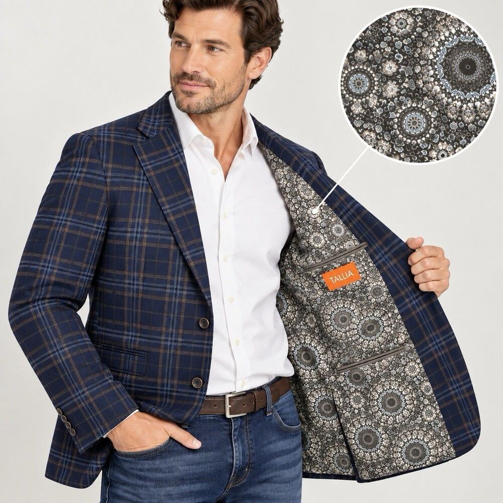 Tallia Mens 42L Wool Plaid Blazer Navy Brown Sport Coat Paisley Lined NWT